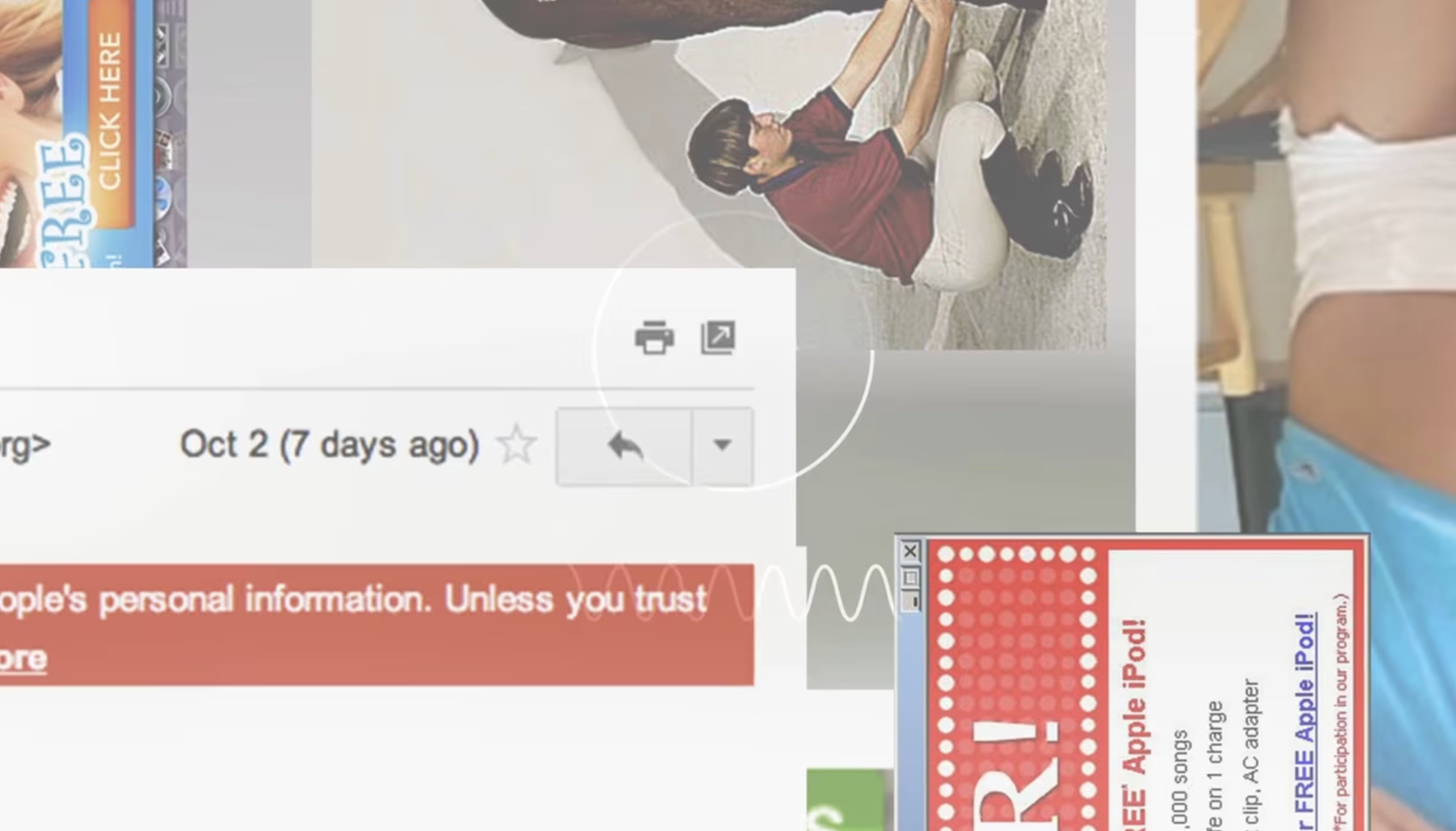 Digital collage: email interface, a woman riding a horse, and a "Free Apple iPod!" ad.